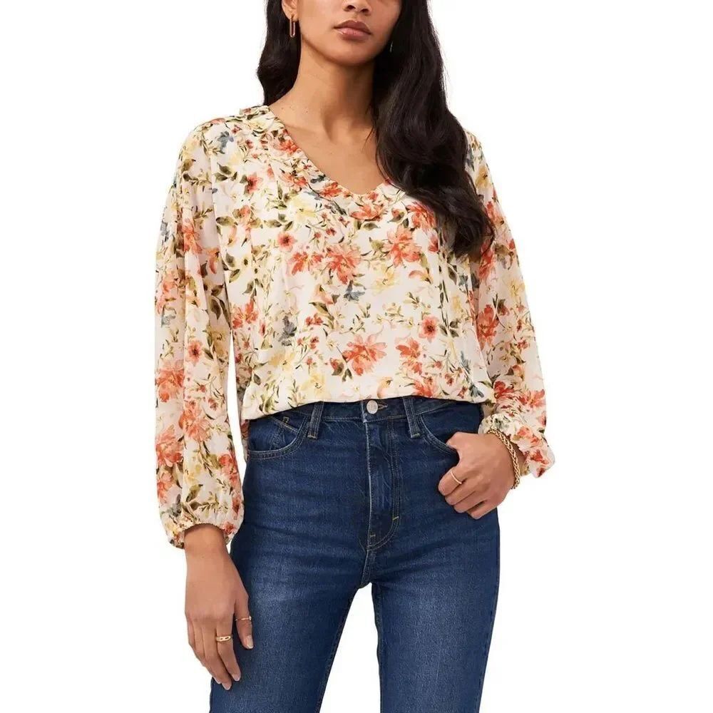 1.State NWT Blouson Sleeve Ruffle V-Neck Floral Blouse in Daybreak Watercolor 1X